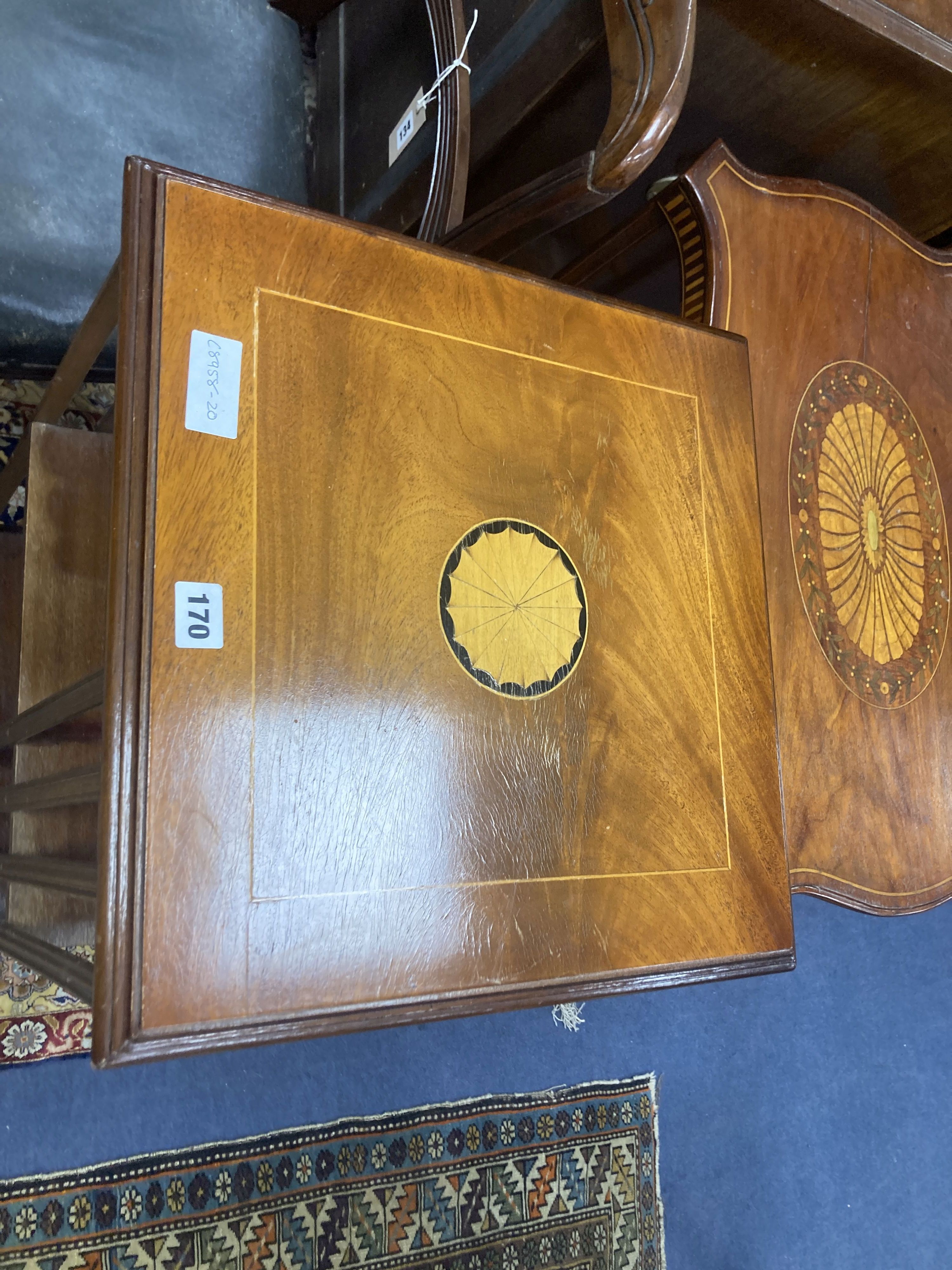 A reproduction inlaid mahogany revolving bookase, width 43cm, height 82cm